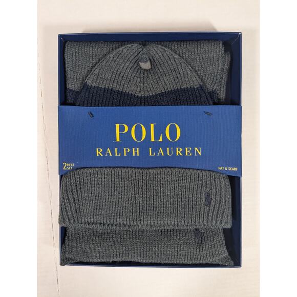 Polo Ralph Lauren Hat and Scarf Set Gray Black Striped Acrylic 2 Piece Gift Set - Picture 6 of 6